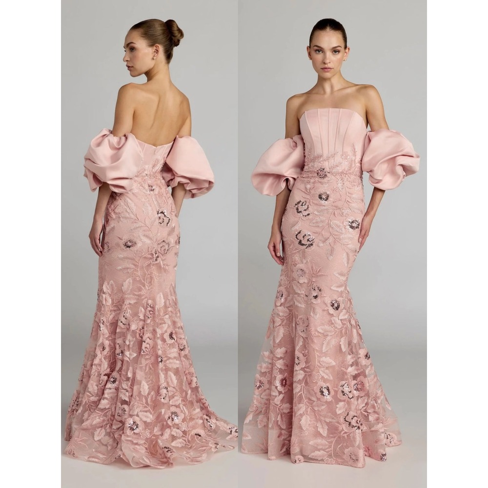 Mac Duggal Dusty Blush Off-Shoulder Embroidered Maxi Gown